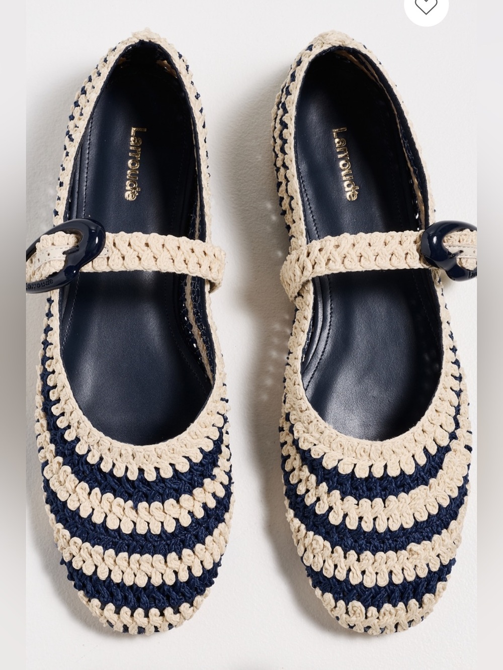 Larroude Verona Navy and Cream Crochet Mary Jane Flats - New In Box